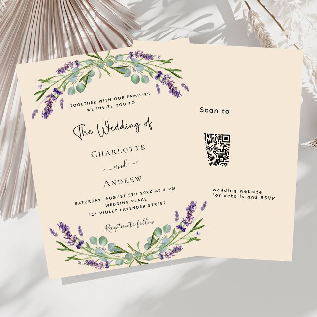Lavender beige QR RSVP budget wedding invitation (Creator Uploaded)