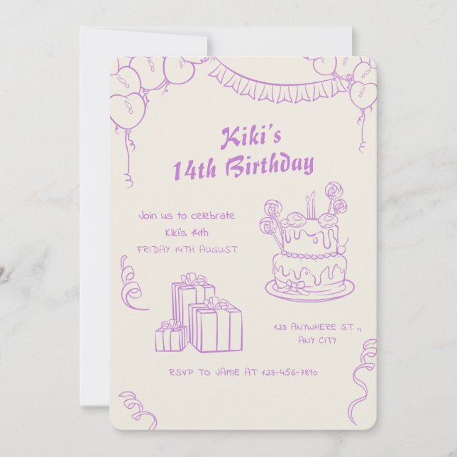 Lavender Beige Whimsical 14th Birthday Celebration Invitation (Front)