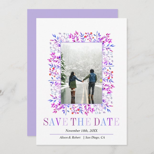 Lavender berries, leaves border winter wedding save the date (Front/Back)