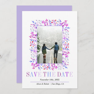 Lavender berries, leaves border winter wedding save the date