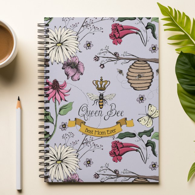 Lavender Best Mum Ever Queen Bee Notebook (Chic Purple Hand-Drawn Royal Queen Bee Illustration with 3 Custom Texts.
Front: 1 Text
Back: 2 Texts)