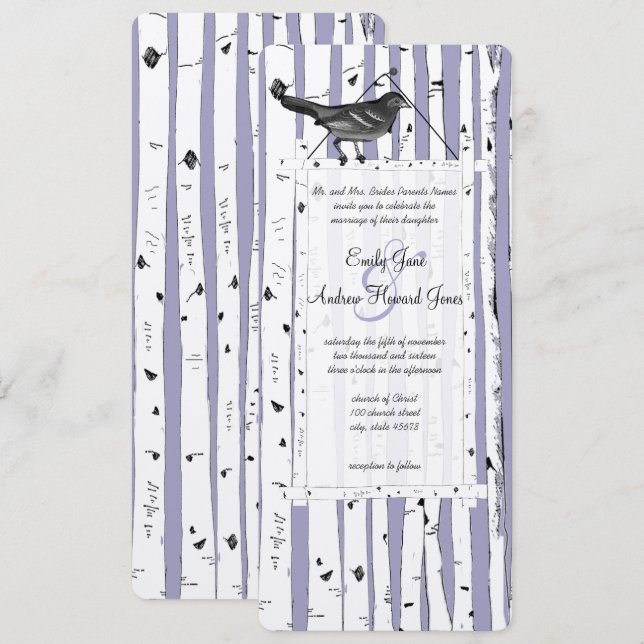 Lavender Birch Tree Vintage Bird Wedding Invite (Front/Back)