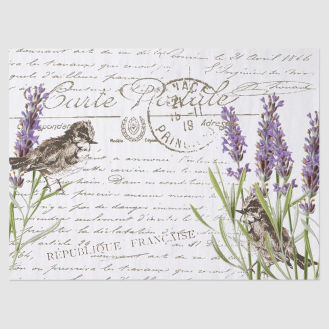 Lavender Bird Postcard French Script Decoupage  Tissue Paper (Front)
