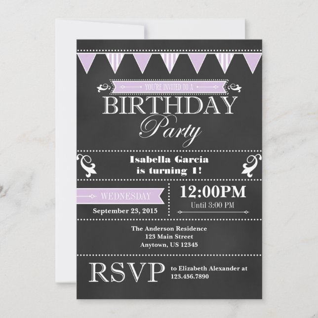Lavender Black Chalkboard Birthday Invitation (Front)