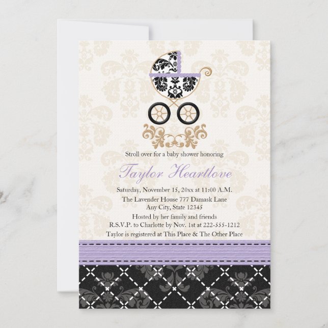 LAVENDER BLACK DAMASK BABY CARRIAGE BABY SHOWER INVITATION (Front)
