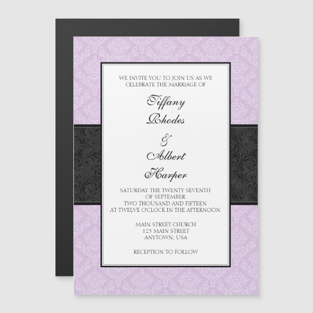 Lavender Black Damask Magnetic Wedding Invites (Front/Back)