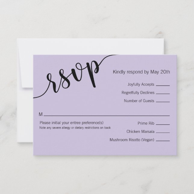 Lavender Black Love Script Minimal Wedding RSVP Card (Front)