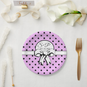 Lavender Black Polka Dot White Bow Personalised Paper Plate