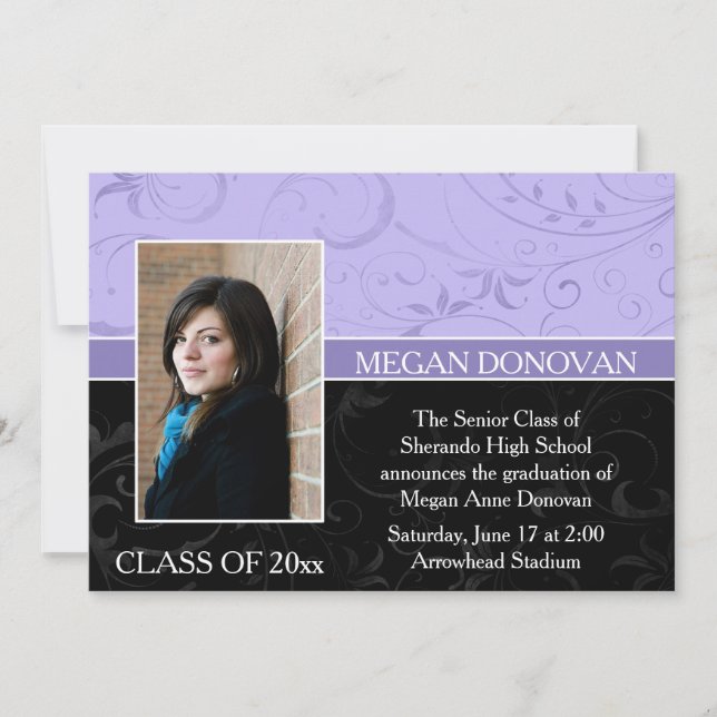 Lavender Black Swirls Photo Graduation Invitation (Front)