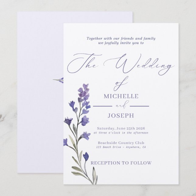 Lavender Bliss Elegant Watercolor Wedding Invitation (Front/Back)