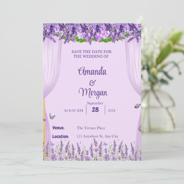 Lavender Bliss Save The Date Customisable Card (Standing Front)