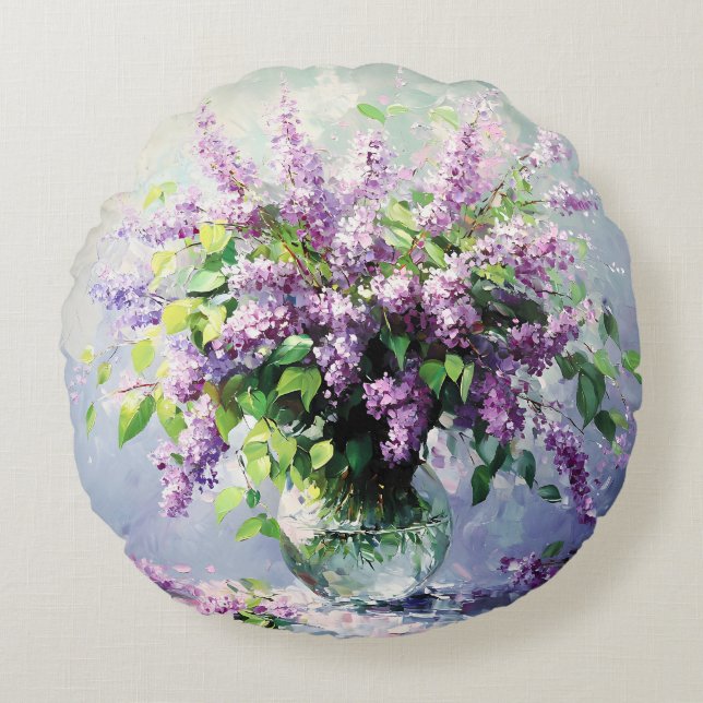 Lavender Blooming Lilac Bouquet Round Cushion (Front)