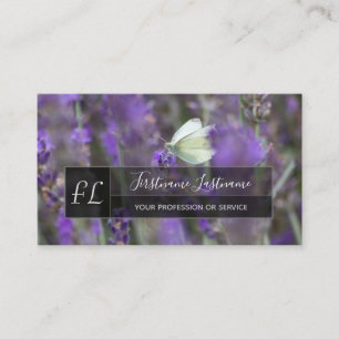 Lavender blossom butterfly grey rectangle monogram business card