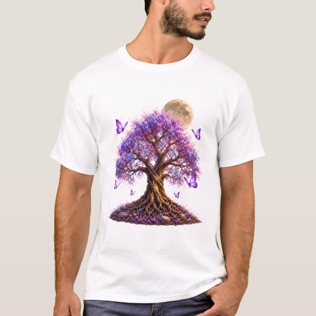 Lavender Blossom Moon Tree White T-Shirt (Front)