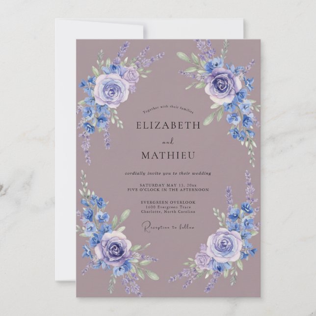 Lavender Blue Blossom Flourish Wedding Invitation (Front)