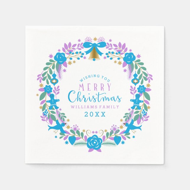 Lavender & Blue Christmas Wreath Merry Christmas Napkin (Front)