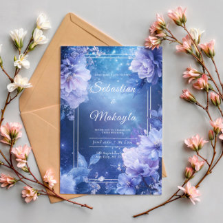 Lavender Blue Floral Starry Nebula Elegant Invitation