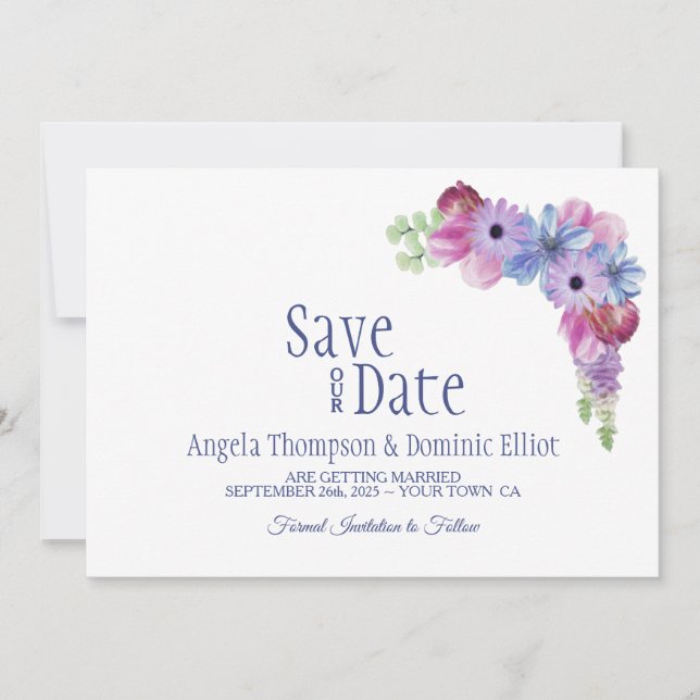 Lavender Blue Floral Wedding Save the Date (Front)