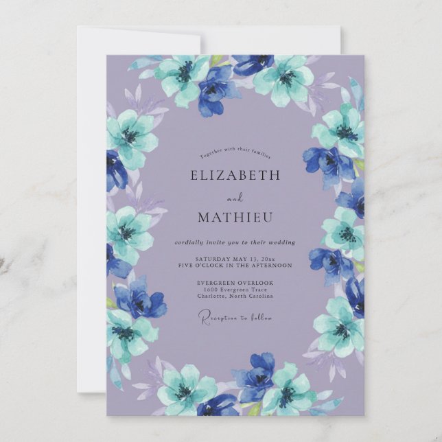 Lavender Blue Floral Whimsy Wedding Invitation (Front)