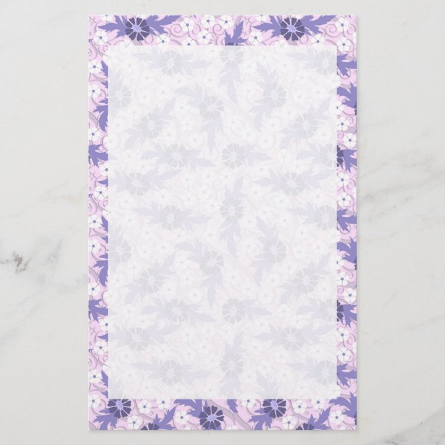 Lavender Blue Flowers Border Print Stationery (Front)