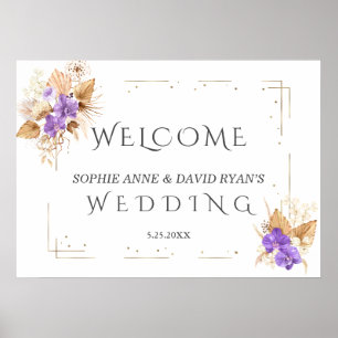Lavender Blue Flowers Gold Wedding Welcome Sign