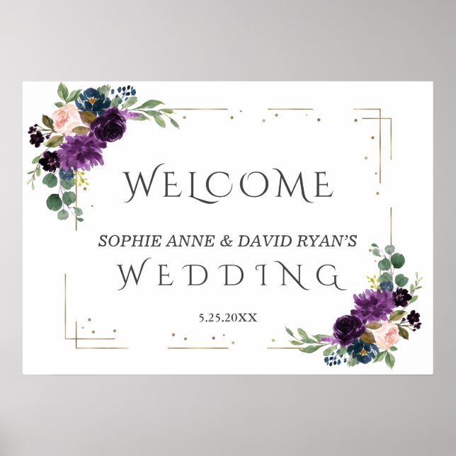 Lavender Blue Flowers Gold Wedding Welcome Sign (Front)