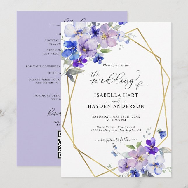 Lavender Blue Gold Purple All In 1 QR Code Wedding Invitation (Front/Back)