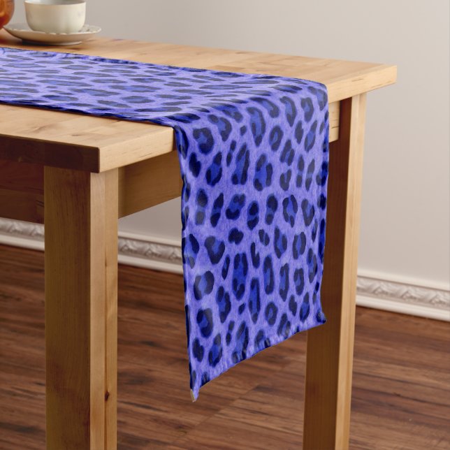 Lavender Blue Leopard Animal Print Skin Pattern Short Table Runner (In Situ)