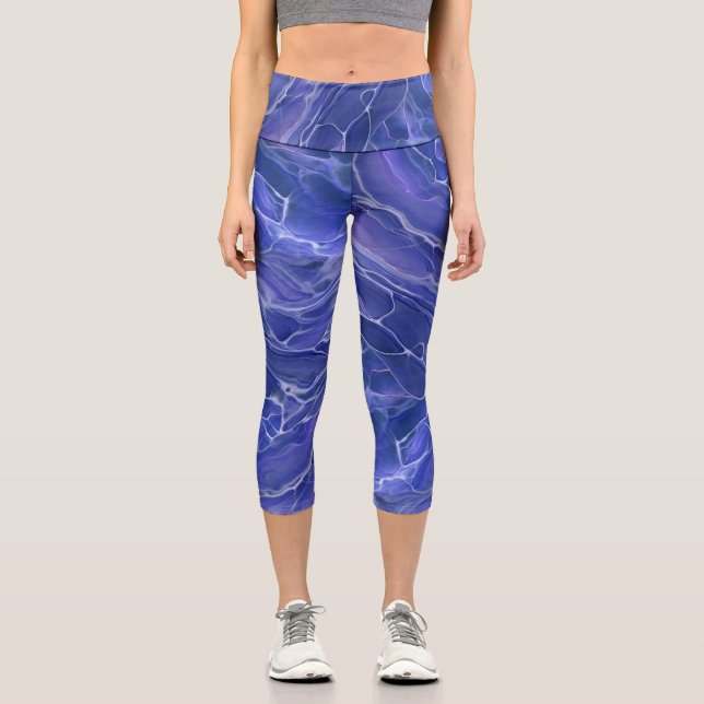 Lavender Blue Marble Acrylic Abstraction Capri Leggings (Front)