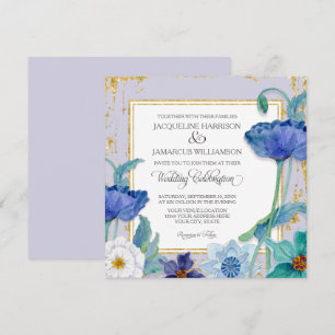 Lavender Blue n White Watercolor Floral Gold Frame Invitation