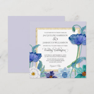 Lavender Blue n White Watercolor Floral Poppy Leaf Invitation