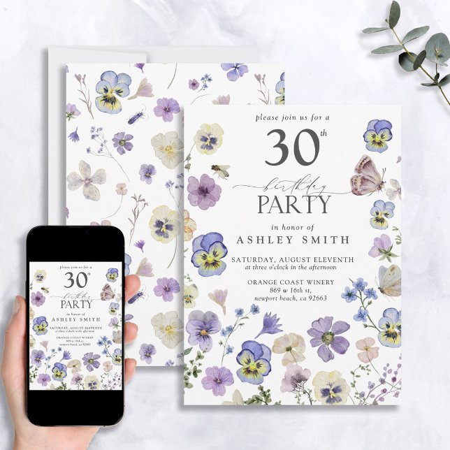 Lavender Blue Pressed Floral 30th Birthday Invitation (Creator Uploaded)