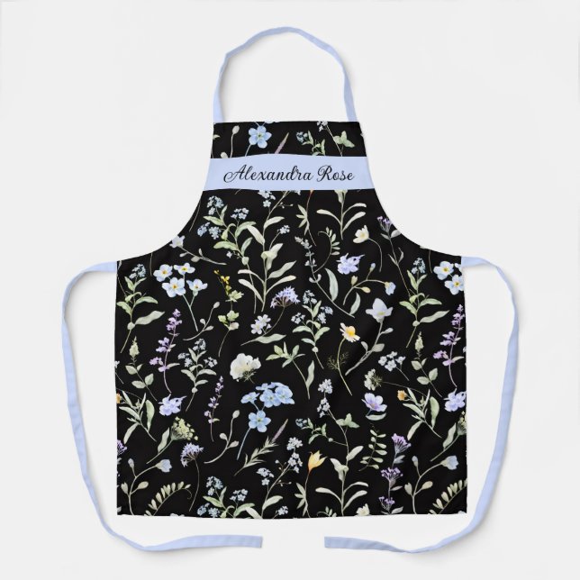 Lavender Blue Watercolor Wildflower Custom Name Apron (Front)