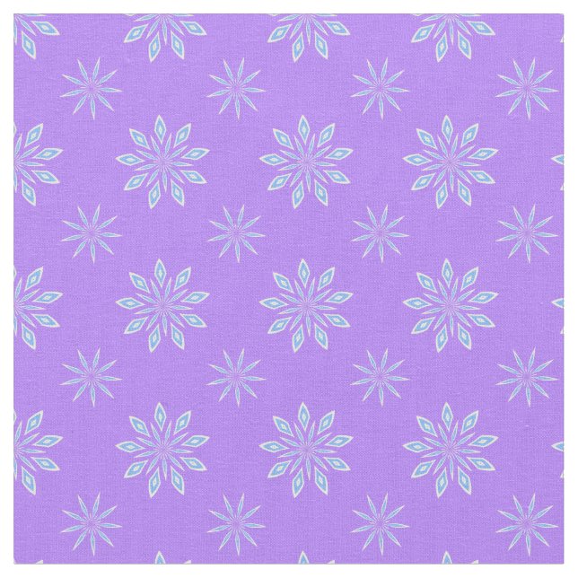 Lavender Blue White Star Snowflake Pattern Fabric (Close Up)