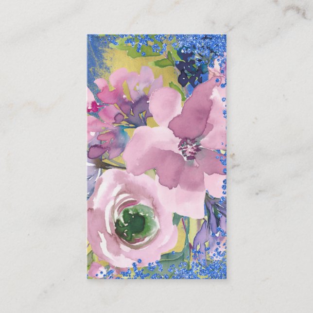 Lavender Blues Watercolor Floral Glitter Business Card (Front)