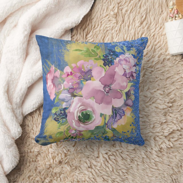 Lavender Blues Watercolor Floral Glitter Cushion (Blanket)