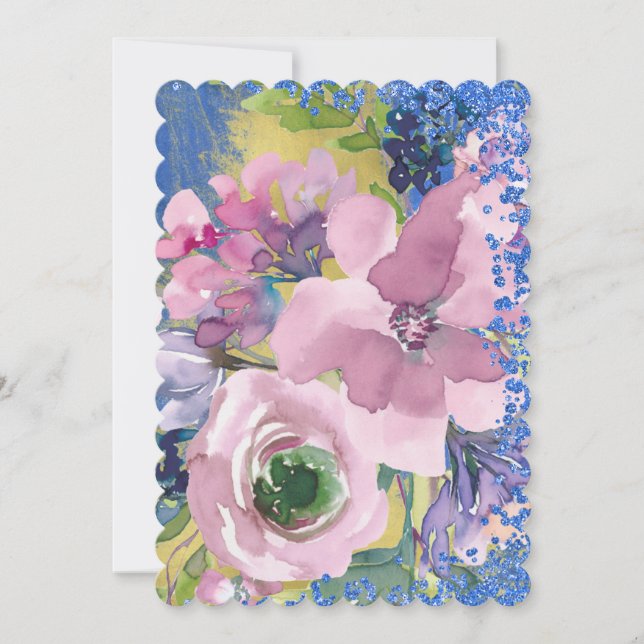 Lavender Blues Watercolor Floral Glitter Invitation (Front)