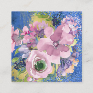 Lavender Blues Watercolor Floral Glitter Square Business Card