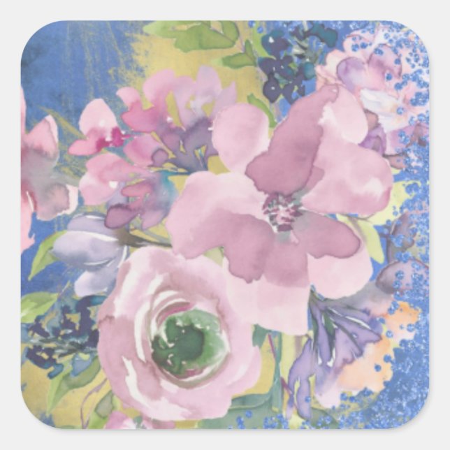 Lavender Blues Watercolor Floral Glitter Square Sticker (Front)