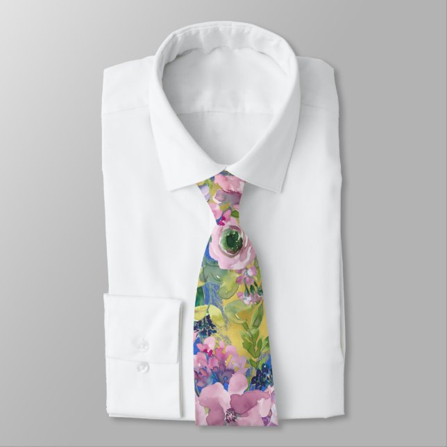 Lavender Blues Watercolor Floral Tie (Tied)