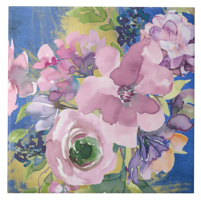 Lavender Blues Watercolor Floral Tile (Front)