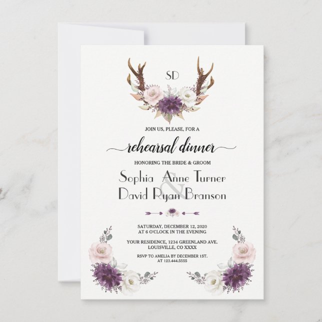 Lavender Blush Floral Antlers Rehearsal Dinner Invitation (Front)