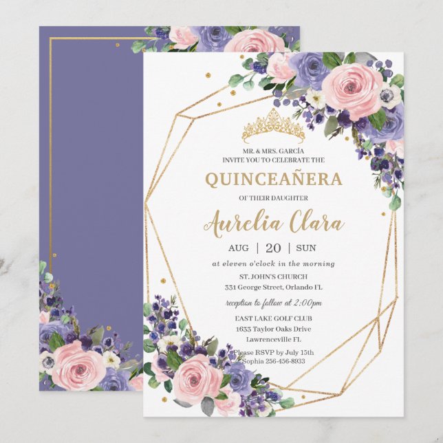 Lavender Blush Floral Geometric 16th Quinceañera  Invitation (Front/Back)