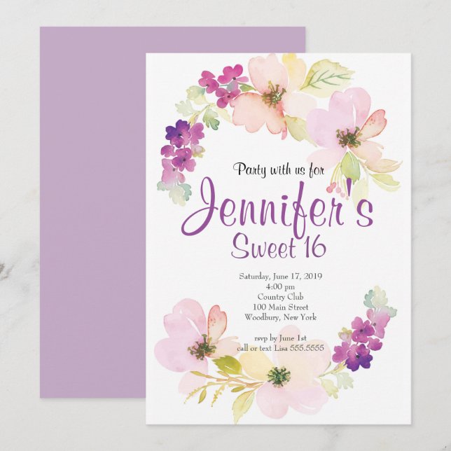 Lavender Blush Floral Sweet 16 Invitation (Front/Back)