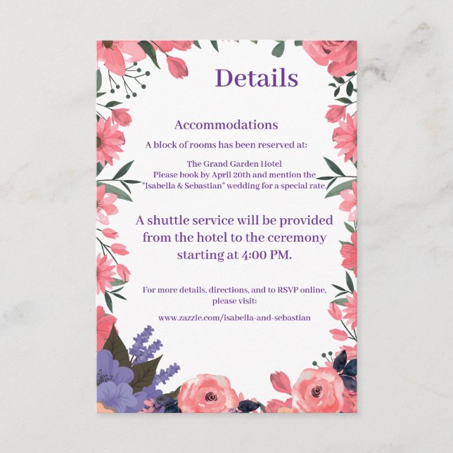 Lavender Blush Floral Wedding Details Enclosure Card (Front)