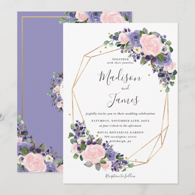 Lavender Blush Floral Wedding Geometric Gold Frame Invitation (Front/Back)