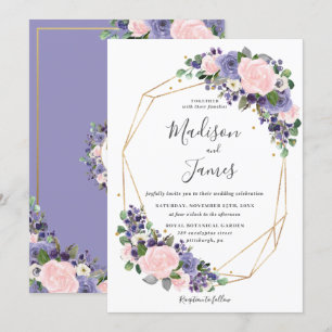 Lavender Blush Floral Wedding Geometric Gold Frame Invitation