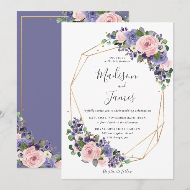Lavender Blush Floral Wedding Geometric Gold Frame Invitation (Front/Back)