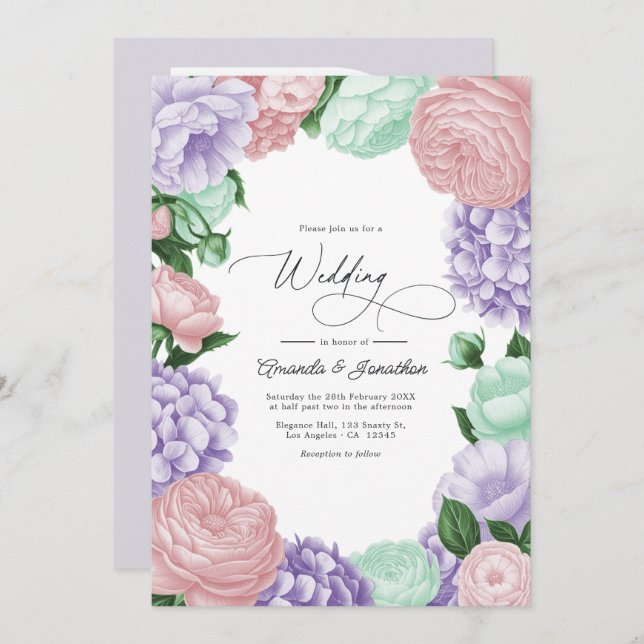 Lavender, Blush & Mint Floral Wedding Invitation (Front/Back)