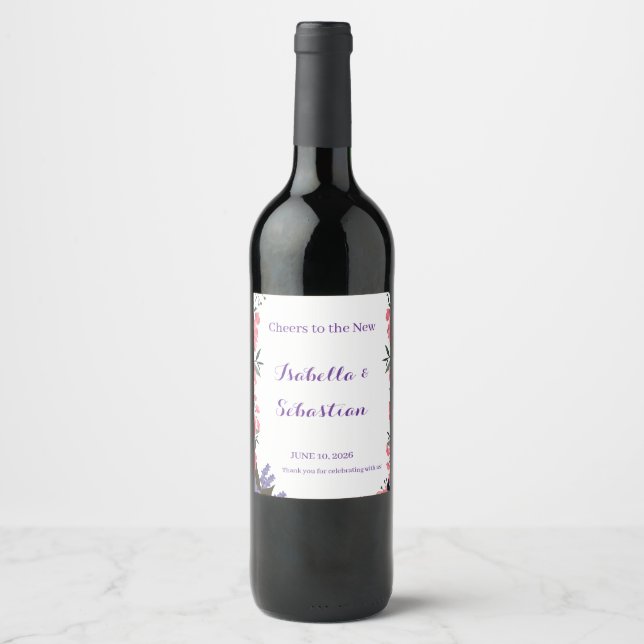 Lavender & Blush Pink Floral Wedding Wine Label (Front)